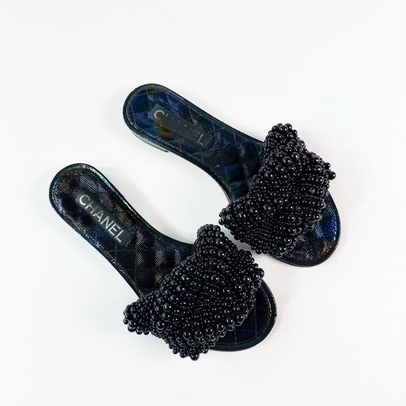 CHANEL Black Fantasy Pearl Cord Sandals Size 37 Mules Open Toe Slides CC Flat - Picture 4 of 12